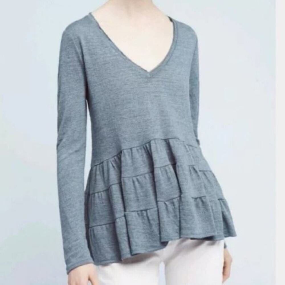 Anthropologie Deletta Teal Blue Tiered Long Sleeve Shirt Size XS